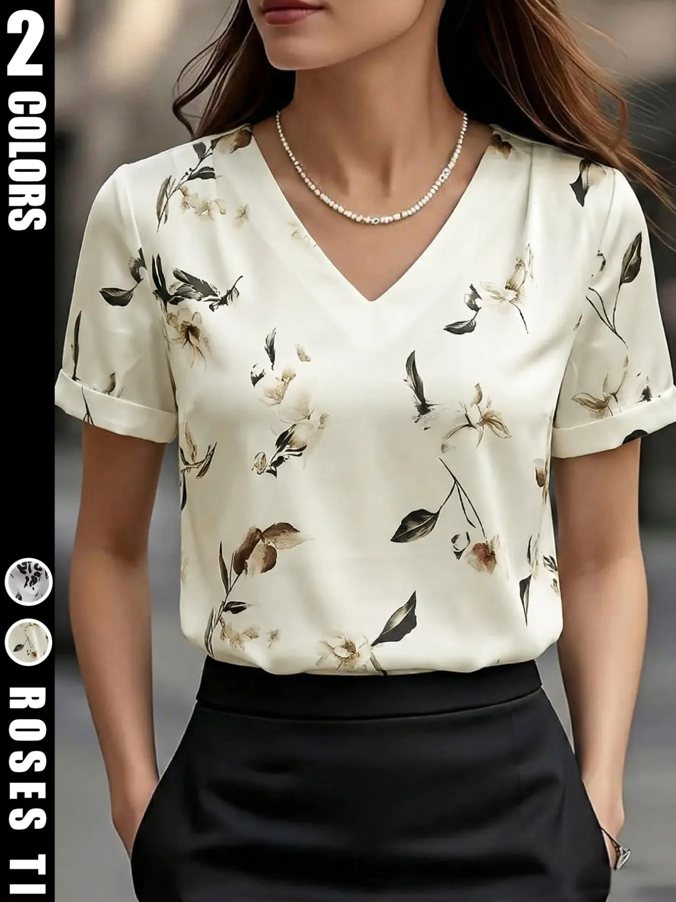 Satin shirt Blouse women's summer V-neck short sleeved ink floral print top, elegant commuting style, slim and hanging design sense, niche workplace shirt