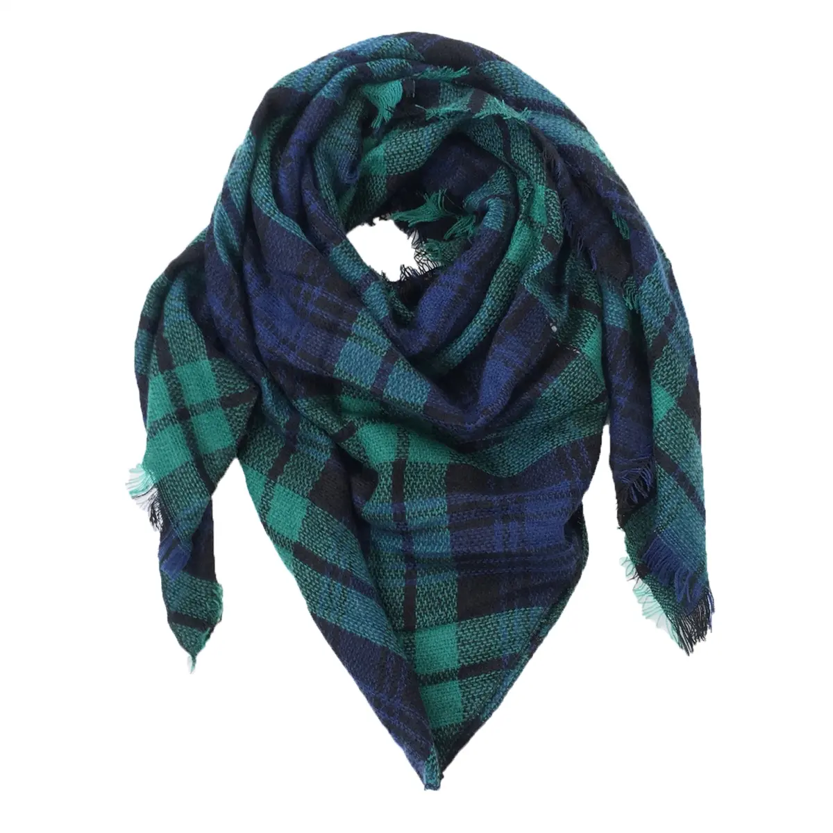 Fashion Culture Plaid Soft Knit Triangle Winter Scarf, Blue/Green