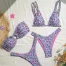 Women's Ditsy Floral Print Brazilian Swimsuits, Boho Fashion Ruched O-ring Bandeau Bra & Triangle Bra & High Cut Swim Panties Set, Ladies Swimsuit for Beach Holiday Vacation, Bikini Sets, Bathing Suit