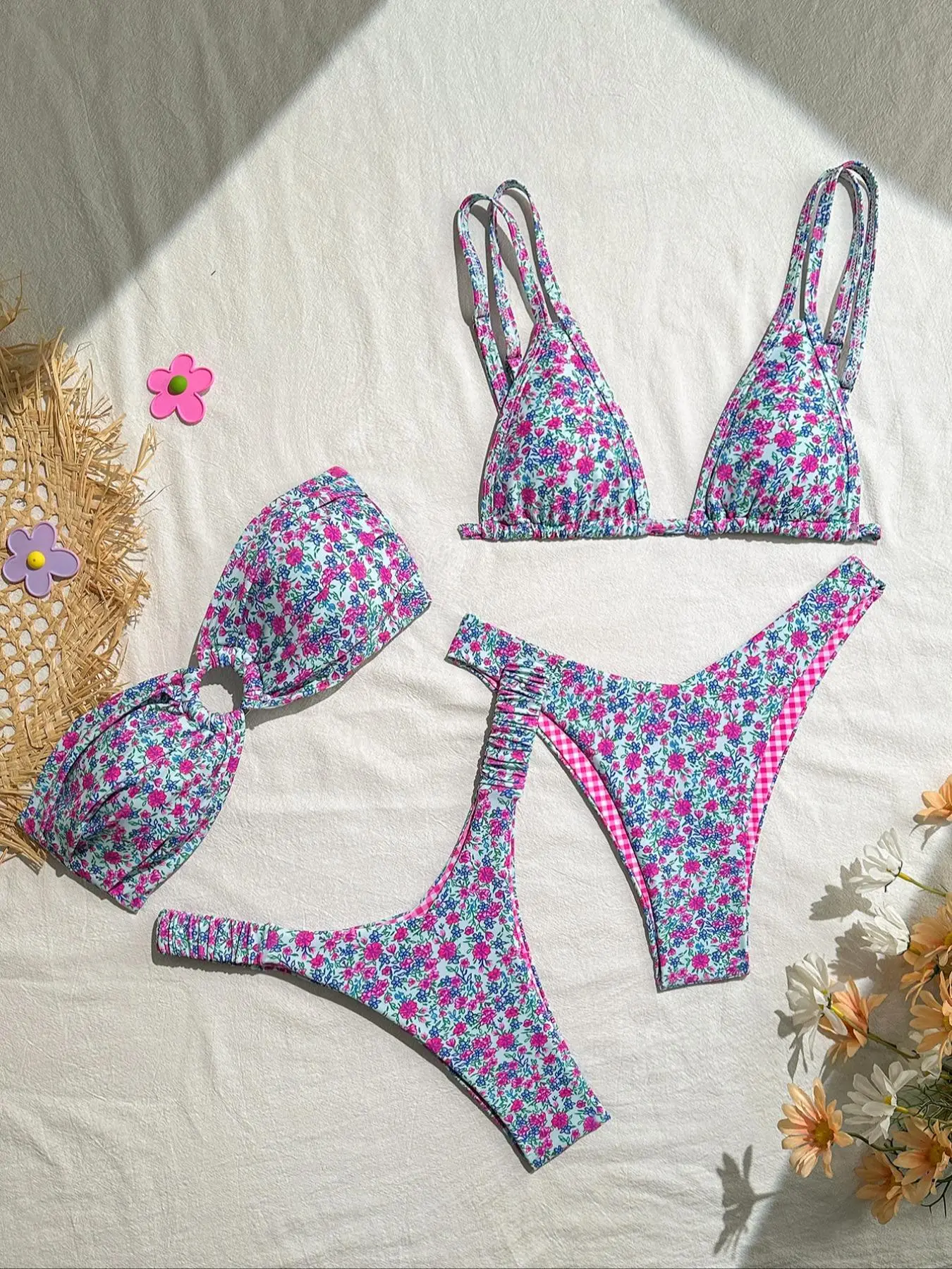 Women's Ditsy Floral Print Brazilian Swimsuits, Boho Fashion Ruched O-ring Tube Swim Bra & Swim Floral Bikini Top & High Cut Swim Floral Bikini Bottom