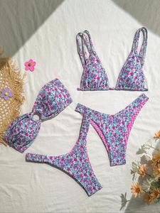 women's ditsy floral print brazilian swimsuits, boho fashion ruched o-ring tube swim bra & triangle swim bra & high cut swim panty set, ladies swimsuit for beach holiday vacation, bikinis sets, bikini outfits, clothes for women