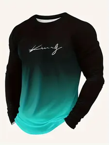 Trendy Men's 3D Gradient Color Letter Print Long-Sleeve T-Shirt, Versatile Crew Neck Pullover, Streetwear, Men's Top