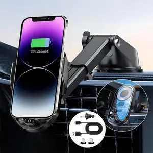 Vidroxin Wireless Car Charger - 3 in 1 Fast Charging Wireless Phone Charger for Car, Dashboard Windshield Air Vent Magnetic Phone Holder Mount Auto Clamping