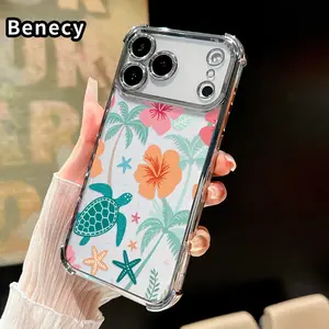 Compatible with iPhone 17 Pro Max 16 15 Plus Air 14 13 12 11 E Case Tropical Sea Dream Pattern Four Corner Drop Resistant Electroplated Transparent TPU Soft Trendy Cover