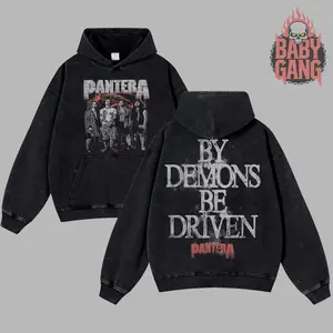 [Baby Gang] Pantera - By Demons Be Driven Vintage Heavy Washed Men's Hoodie Unisex Oversize Rock Groove Metal Heavy Music Band Cotton Gift For Rock Music Lovers Grunge Outfits Vintage 90s Graphic Merch For Fan