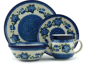 Polish Pottery 4-Piece Place Setting Blue Poppies