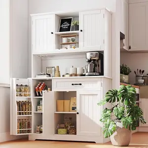 GIZOON Modern 67.7" Tall Kitchen Pantry Cabinet with Countertop, Hutch & Coffee Bar Storage for Organization, Dining Room & Craft Room, White, Kitchen Organization