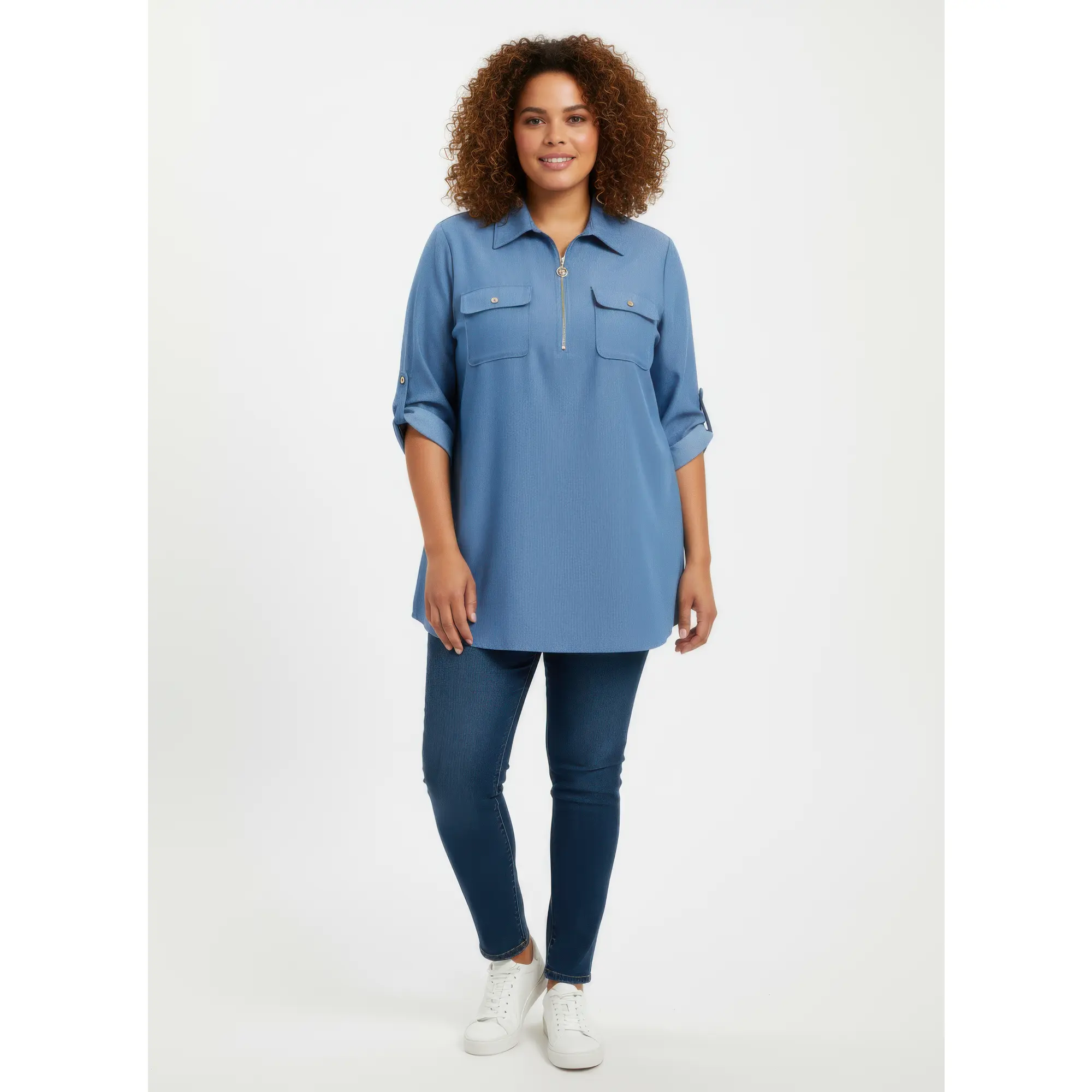 Women's Zip-Front Utility Pocket Tunic Blouse, Adjustable Sleeve, Lightweight Fit, Spandex-Blend Fabric, Everyday