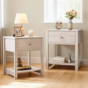 BERRY NEST White-Grey Nightstand Set of 2, Modern Nightstand Bedside Table with Drawer and Large Storage Shelf, End Tables Side Tables for Bedroom, Mesa de Noche for Small Spaces