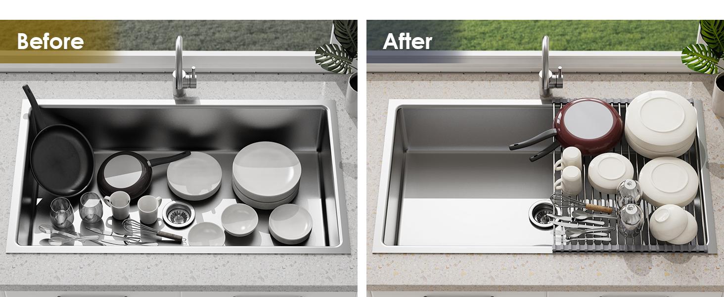 17.7" x 15.5" Roll Up Dish Drying Rack Over Sink Drying Rack Sink Cover Kitchen Sink Accessories Gadget Multipurpose Organizer Foldable Stainless Steel Drainer (Grey)