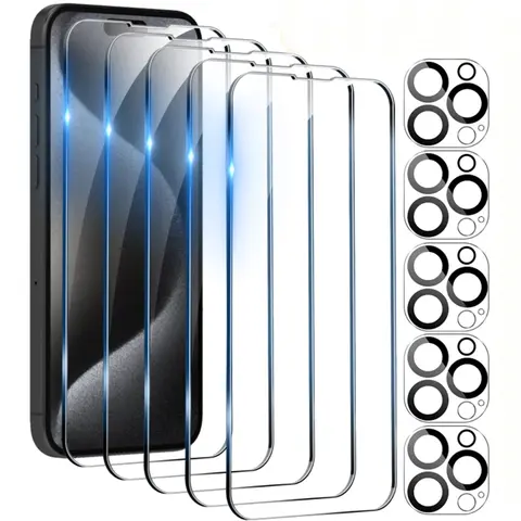 5Pcs Tempered Glass Screen Protector+5Pcs Camera Lens Protectors for iPhone Duo 18 Pro Max 18 17 16 15 14 13 12 11, 9H HD Tempered Glass Film, Anti-Scratch