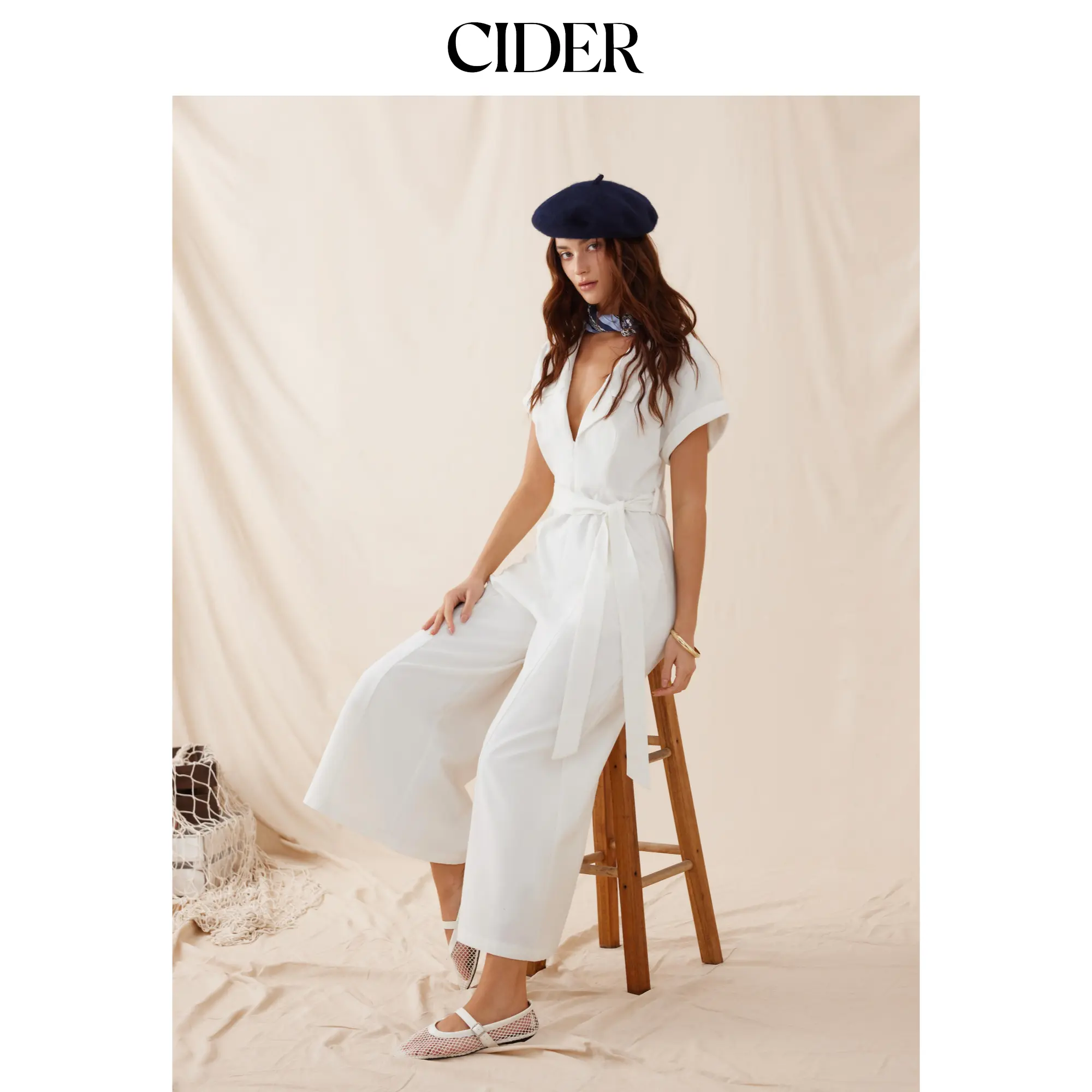 Cider Women's Linen-Blend Overalls - Collar Design, Twist-and-Knot Belt, High-Rise Wide-Leg Jumpsuit, Belted Look