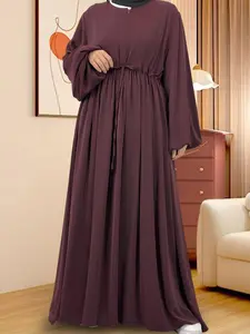 Women's Solid Color Open Front Lounge Dress Tunic Dress, Casual Long Sleeve Kaftan Dress for Daily Wear, Ladies Sleepwear for All Seasons, Modest Muslim Outfits