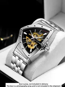 Men's Mechanical Analog Watch, Business Gentleman Style, Luminous Hollow Design, Skeleton Watches, Fashionable Casual Wristwatch, Stainless Steel Watch, Casual Trendy Wristwatch, Stylish Watch, No Battery Needed