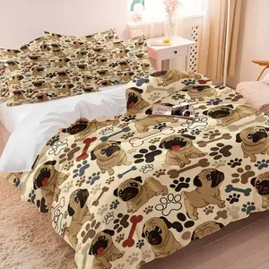 Brown Pug Duvet Cover Set (No Core), Cartoon Dog & Bone Print Bedding, Soft Breathable 1 Duvet Cover + 1/2 Pillowcases, All Season Bed Set for Kids & Animal Lovers