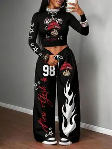 "New Star" Streetwear Two-Piece Set – Y2K Graphic Print Long Sleeve Crop Top & Wide Leg Pants with Flame & Number 98 | Hip Hop Fashion Outfit for Women | Stretch Knit Casual Lounge Tracksuit | New York Street Style Matching Set for Club, Party, Daily Wear