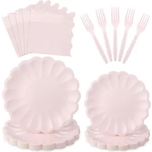 96 Pcs Pink Paper Plates and Napkins Party Supplies Serve 24 Guests Include Scalloped Dinner Plates 9.5", Dessert Plate 7.5", Napkins Plastic Forks for Baby Bridal Shower Wedding Birthday