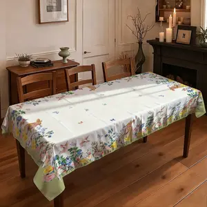 1 piece of 2D flat printed tablecloth  Spring Garden Rabbit Floral Tablecloth, Watercolor Style Decorative Table Cover for Home Dining Afternoon Tea Party