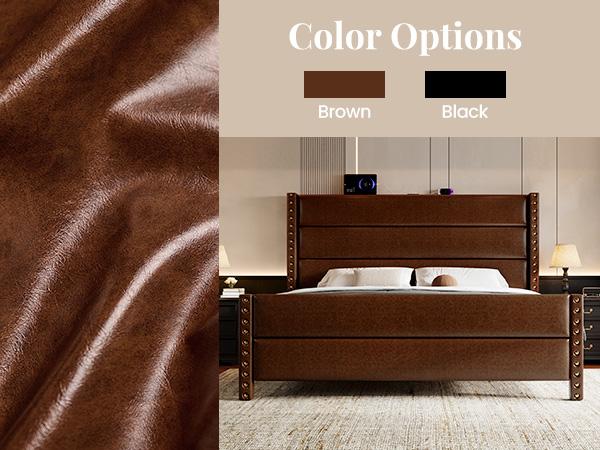 [Summervibes]Modern Brown/Black Leather Bed Frame with USB Charging, Tall Upholstered Headboard, No Noise, Easy Assembly – Bedroom Upgrade Must-Have