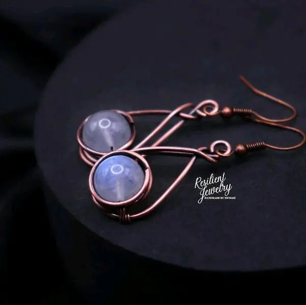 Moonstone Copper Teardrop Earrings- Wire Wrapped Crystal Earrings