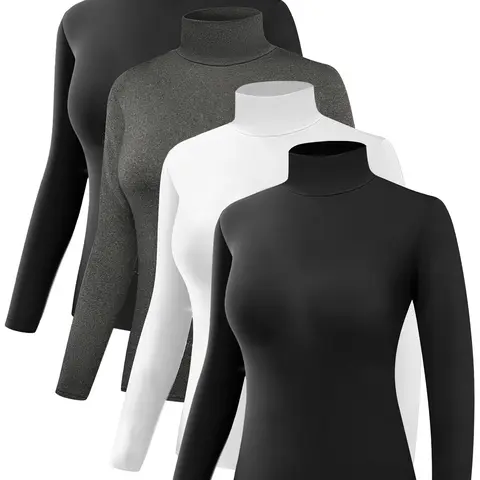 Women's 4-Piece High-Neck Full-Sleeve Slim-Fit Comfortable Sport Thermal Underwear Set - Top & Bottoms Clothing, Solid Color, Style-Focused 4-pc Workout Set for Fitness Layering, Clothes for Women