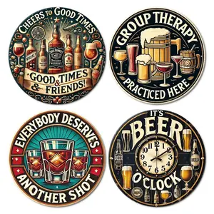 Vintage Tin Sign, 4 Counts/set Retro Beer Themed Round Wall Art, Wall Hanging Decor, Wall Decor for Bar, Cafe, Home Decor