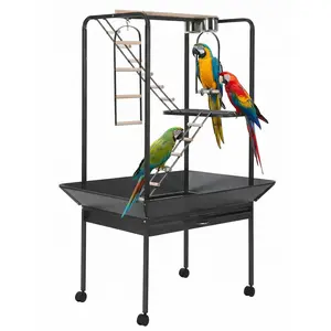 Large Bird Stand Play Center Cage for Macaws & Parakeets – Rotating Ring, Perches, Ladders, Ramp, Removable Tray, Lockable Casters, Feeders, Spacious Wrought Iron Aviary – Indoor Outdoor