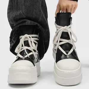 Men's edgy high-top platform boots with crisscross lace-up design and side zipper, smooth upper and contrasting thick sole, modern streetwear footwear for bold everyday styling
