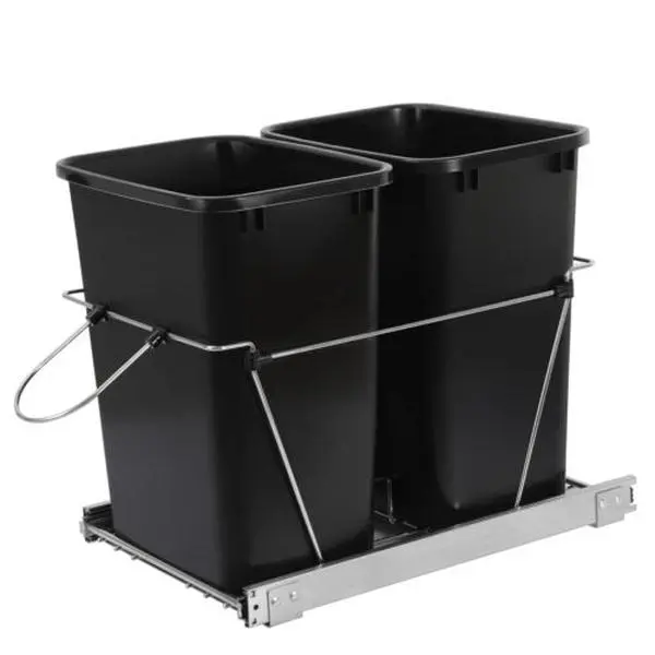 35 Qt Total Steel Under-Counter Sliding Double Black Bins Trash Can Set - Smooth Glide, Chrome Base, Removable Bins, Kitchen Cabinet Container Storage, Black Bin