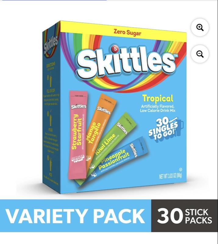 Skittles Zero Sugar Variety Pack Singles-to-Go Powdered Drink Mix, Tropical, 30 Count Packets