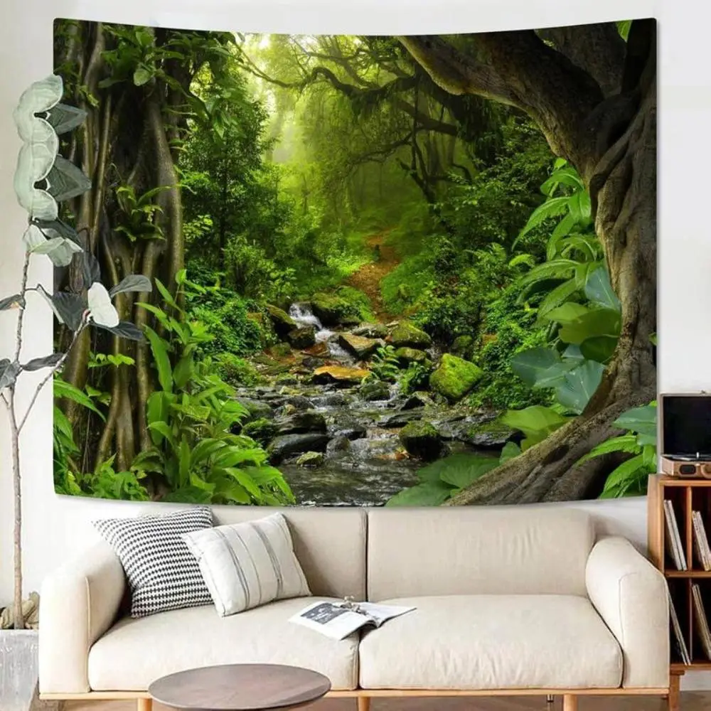 Green Rainforest Tapestry banner Nature Forest Tapestry for Bedroom Aesthetic Misty Tropical Jungle Trees Flowing Stream Landscape Tapestries Wall Hanging for Living Room Dorm Decor Gift