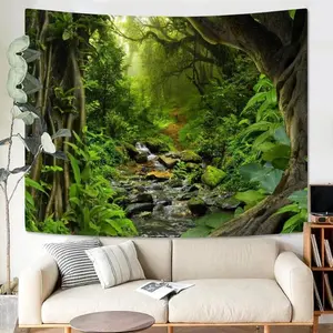 Green Rainforest Tapestry banner Nature Forest Tapestry for Bedroom Aesthetic Misty Tropical Jungle Trees Flowing Stream Landscape Tapestries Wall Hanging for Living Room Dorm Decor Gift