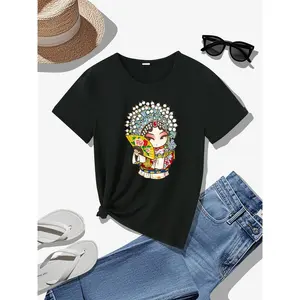 Women's Chinese Historical Costume T-Shirt - Peking Character Outfits, Round Neck Casual Tee with Traditional Attire Print, Cultural Performance Apparel
