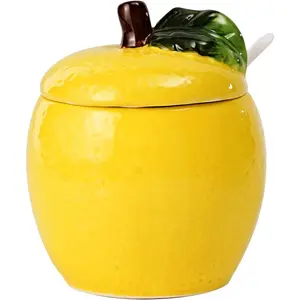 Hand-painted Ceramic Fruit Shape Sugar Bowl Spice Jar Seasoning Pot with Lid Spoon (Lemon)