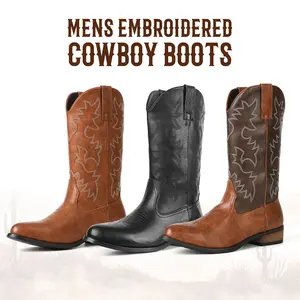 CYNLLIO Cowboy Boots for Men Embroidered Round Toe Work Mid Calf Boots Chunky Block Heel Durable Western Boots Traditional Country Cowboys Dance Boots Shoes