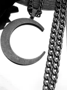 Crescent Moon Black Color Pendant Necklace for Women Men Stainless Steel Gray Color Arabic Hip Hop Chain Protective Amulet Gift Unisex Accessory Protective Jewelry