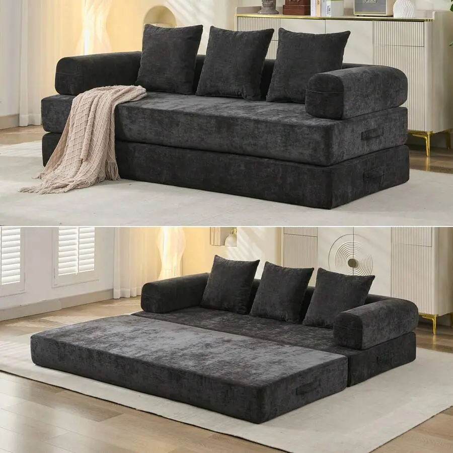 Sofa Bed, Foldable Floor Sofa Chenille Fabric 78.8'' Sleeper Lounge Boneless Couch Bed With Throw Pillows Comfort For Living Room, Apartment, Bedroom, No Assembly Required