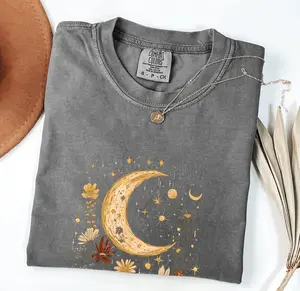 Comfort Colors Vintage Moon & Wildflower TShirt Cottagecore Graphic Tee, Botanical Gift, Garden Lover Aesthetic, Oversized Sun-Moon T-Shirt