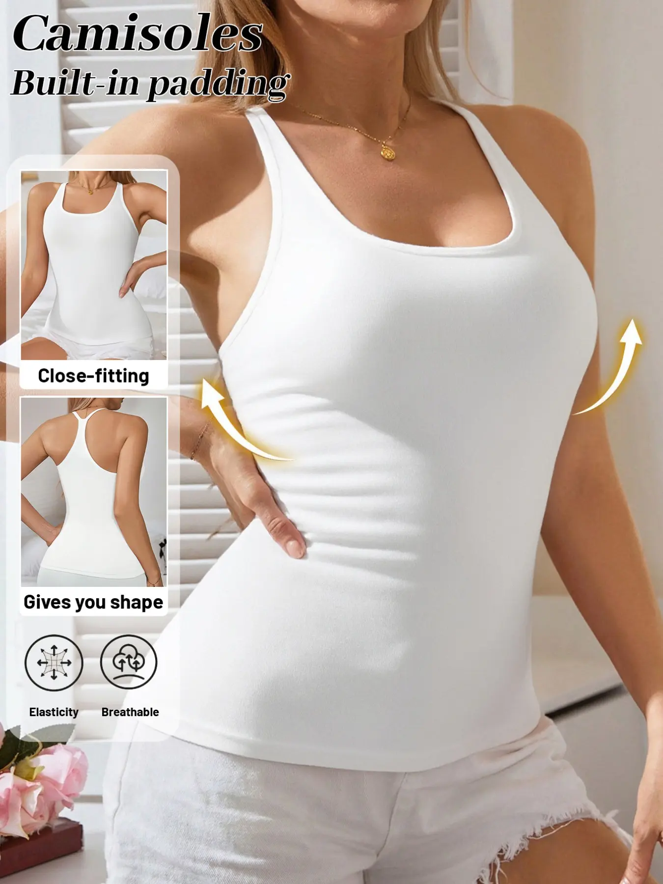 Ribbed Racerback All-in-one Tank Top, Body Shaper Camisole, Daily Wear Shapewear, Sleeveless, with Padding, Wireless Seamless 4-Way Stretch, Waist & Tummy Control Medium Support, Breathable Slim Fit, Perfect for Daily, Loungewear & Gym