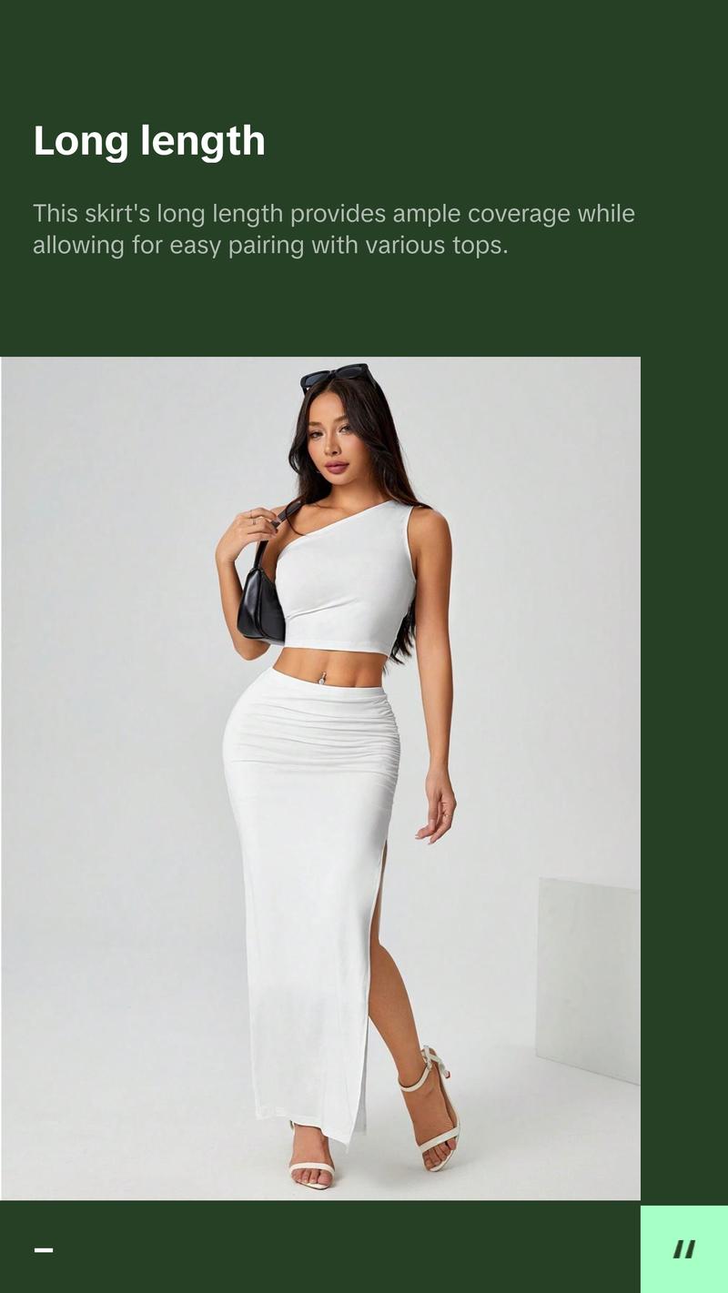 Elegant Ruched Waist Long Skirt for Women - Casual Knitted Fabric with Side Slit for Everyday Comfortable Style - All White Party Wear Womenswear Bottom