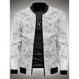 Men's Floral Print Bomber Jacket - Long Sleeve, Zipper Closure, Polyester Lining, Casual Weekend Attire, All-Season Wear