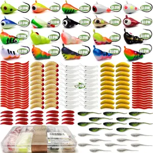 160Pcs Tungsten Ice Fishing Jigs Lures Soft Plastic Worm Baits Kit, Micro Glow Tungsten Winter Jig Heads Hooks  Walleye Crappie Panfish Trout, Ice Fishing Gear Equipment Tackle Accessories