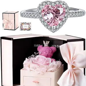 Heart-shaped diamond ring encased in a teddy bear and rose gift box – a romantic new choice for Christmas, a perfect Valentine's Day gift, adjustable ring, and jewelry gift.