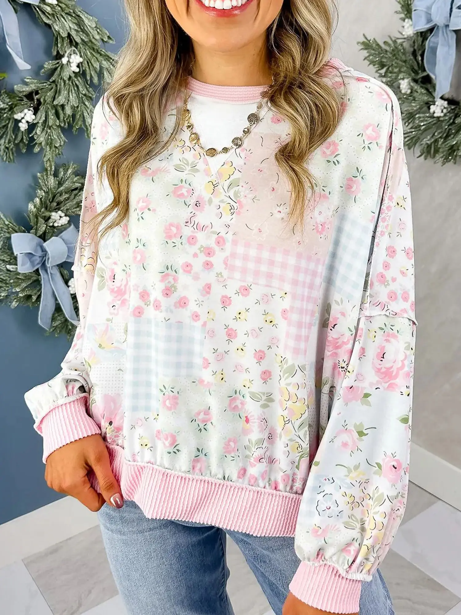 Women Floral Patchwork Sweatshirt Gingham Print Pullover Top