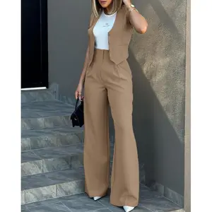 Women’s New Fashion Set – White Fitted Minimalist Sleeveless Vest with Wide-Leg Pants, Casual Basic Chic Elegant Style