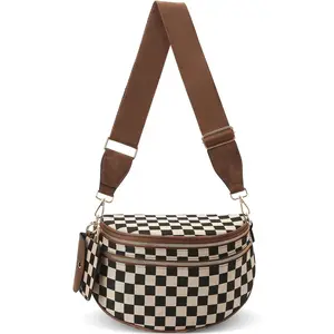 Crossbody Bum Bags for Women - Checkered   Bumbags Large Fanny Pack Trendy Belt Purse for Daily (A01 Brown)
