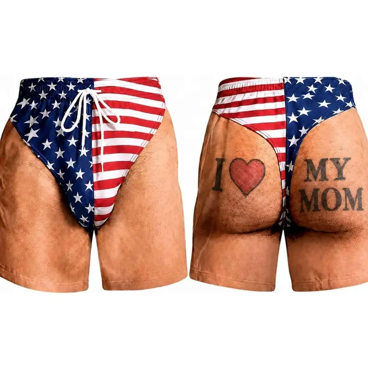 Funny I Heart My Wife USA Flag Men's Swim Trunks, Patriotic American Flag Beach Shorts, Novelty Illusion Swimwear, Quick Dry Summer Board Shorts,Vacation Gift for Husband