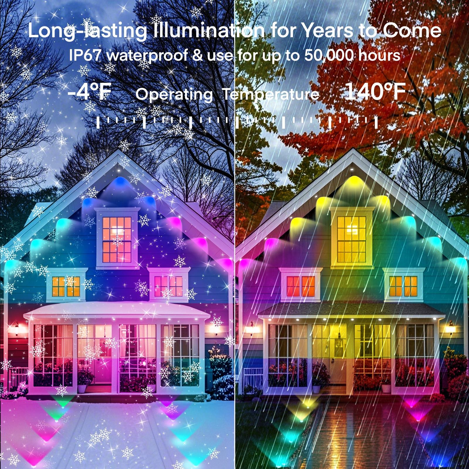 33ft/54ft Permanent Outdoor RGB LED Lights - IP67 Waterproof Exterior Lighting Fixtures with Smart App Control, Remote, DIY Scene Modes, Music Sync, USB Cable, Cells for Garden, Christmas Decor