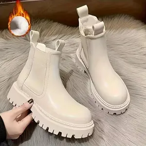 Women's Winter Chelsea Boots - Slip-On Warm Fleece-Lined Snow Boots with Durable Rubber Sole, Comfortable Fabric Insole, and Quality Man-Made Upper Materials Walking Shoes Girl Footwear Pu White
