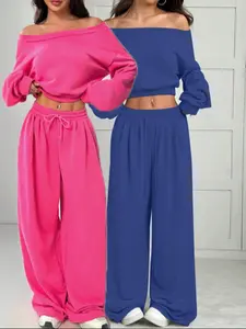 Women's Casual Plain Sweatshirt One-Shoulder off Shoulder Loose Knit Short Top Long Sleeve Set, Fashionable Ladies Clothing